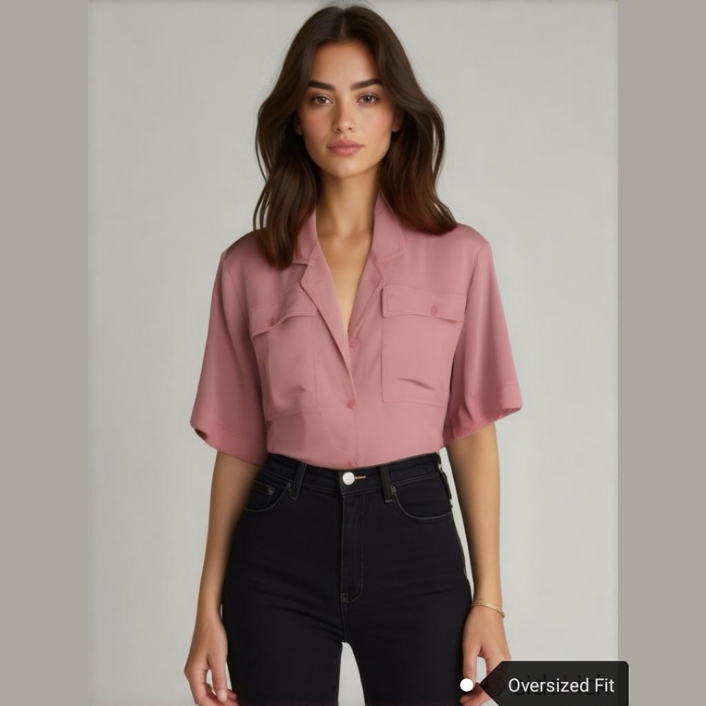 Vintage 80s Safari Style Silky Pink Blouse